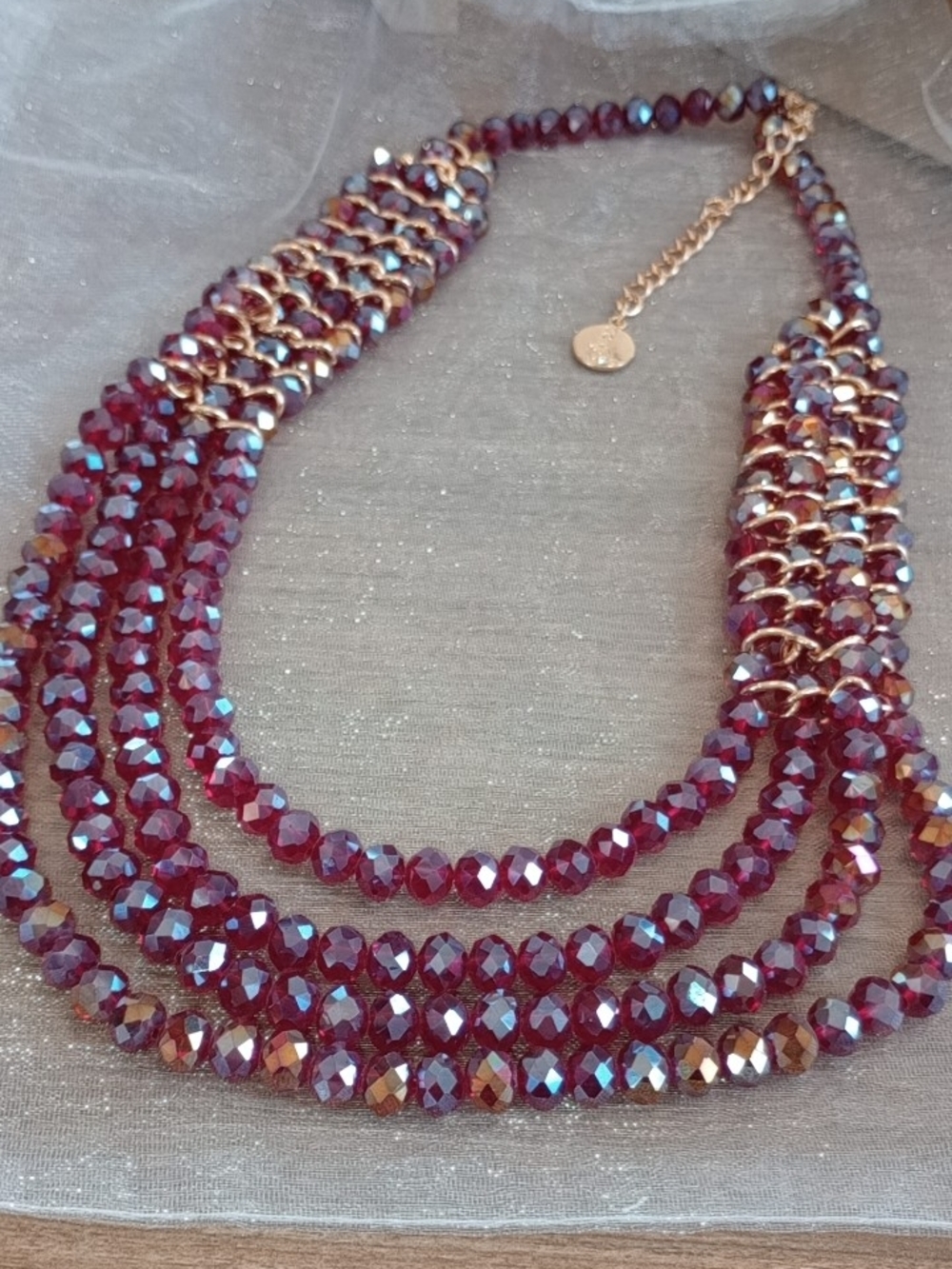 🎈🎈 Ruby Red/Gold Tone Faceted Crystal Necklace/Aurora Borealis/Necklace - Picture 8 of 12